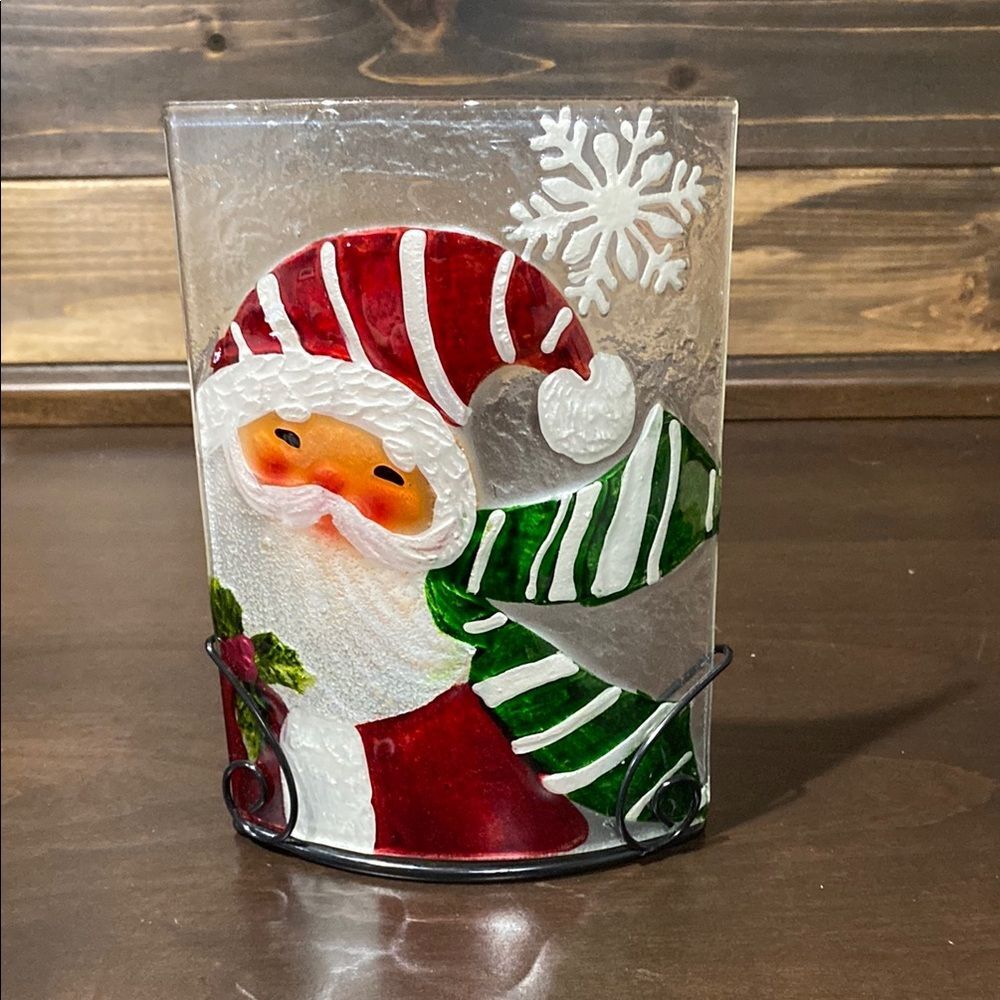 Fused Painted Glass Santa Snow Candle Holder Christmas Decor
